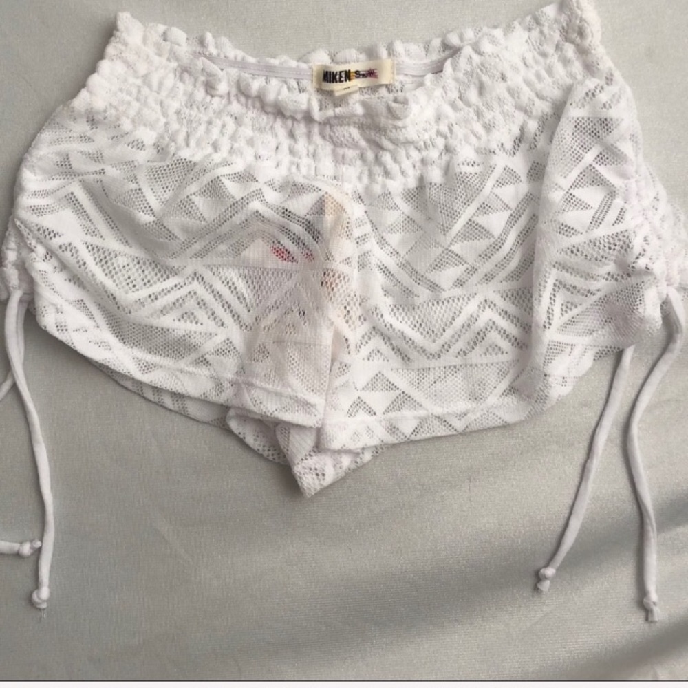 Miken white mesh swim cover up shorts with tie sides